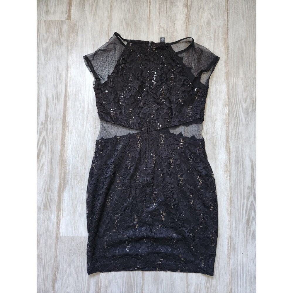 By & By Black Sequin Lace Mini Dress Sheer Mesh Cutout Bodycon Sz 13 EUC - Picture 11 of 12